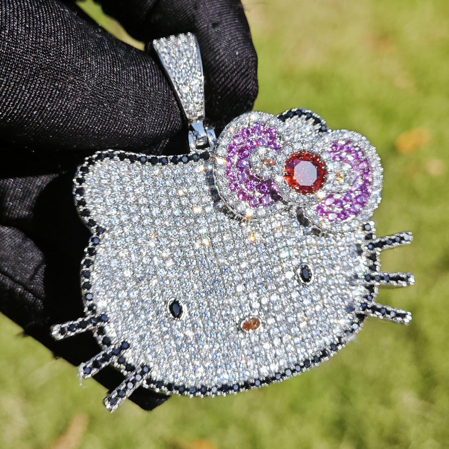 Iced Out Kitty Face Pendant Necklace Unisex Hip Hop Statement Jewelry