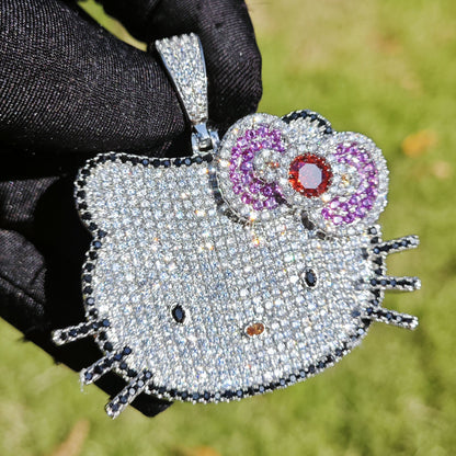 Iced Out Kitty Face Pendant Necklace Unisex Hip Hop Statement Jewelry