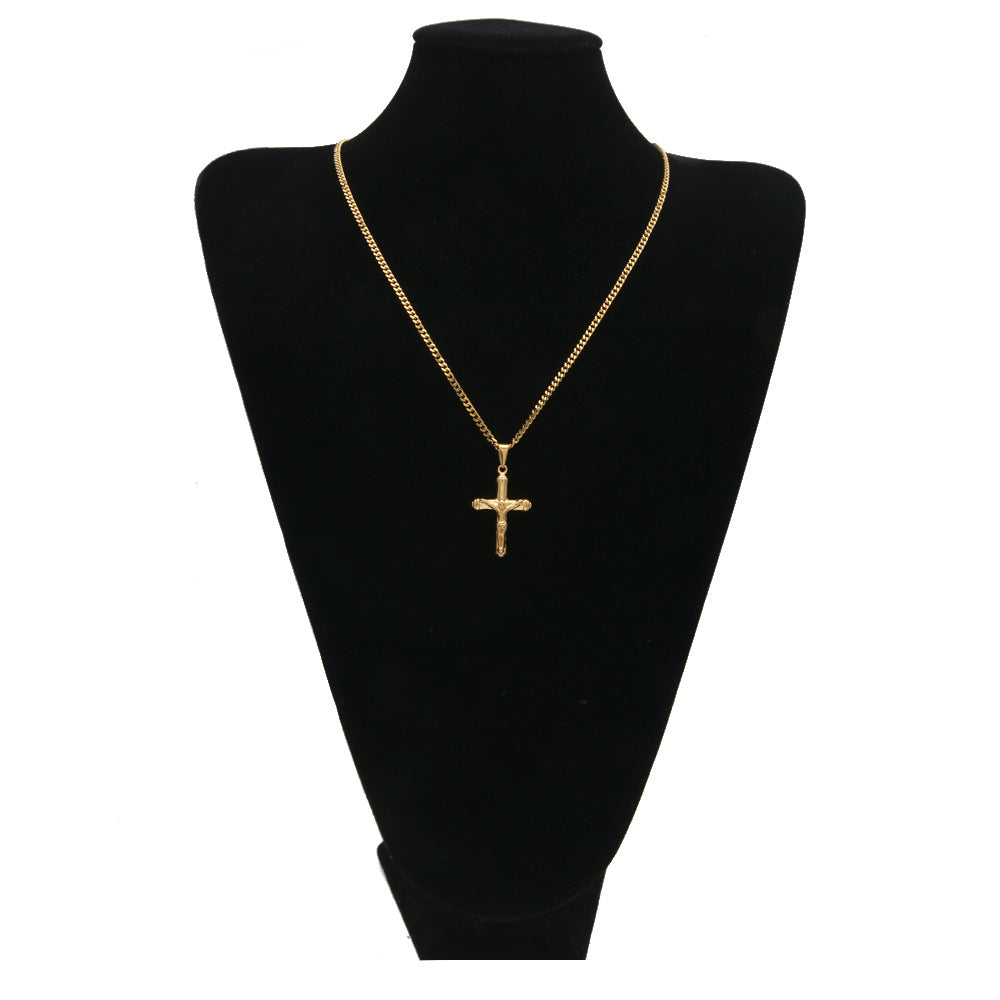 Gold Plated Stainless Steel Cross Pendant Necklace for Men with 3mm Cuban Chain product image
