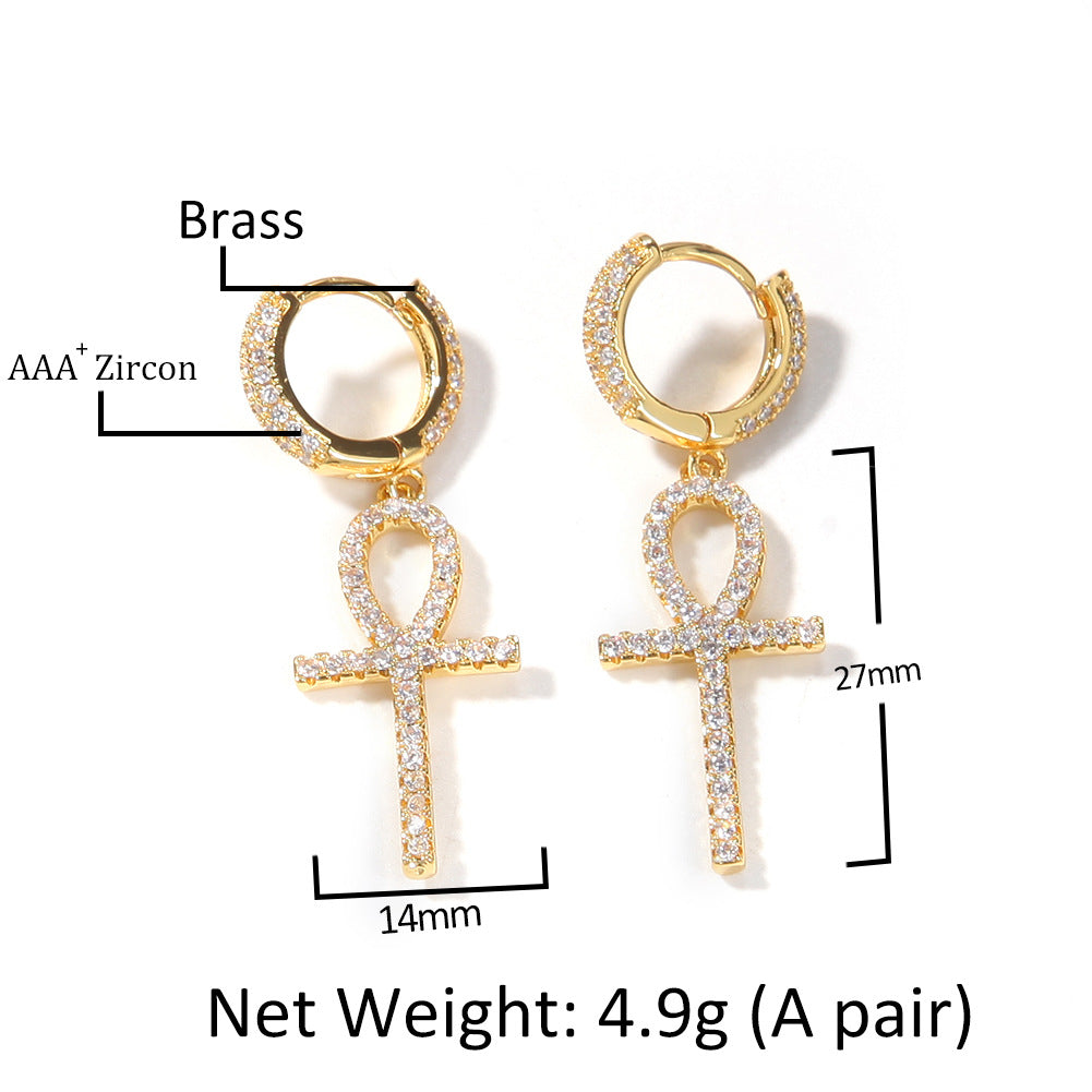 Unisex Ankh Cross Drop Earrings with Cubic Zirconia in Gold, Silver, and Rose Gold