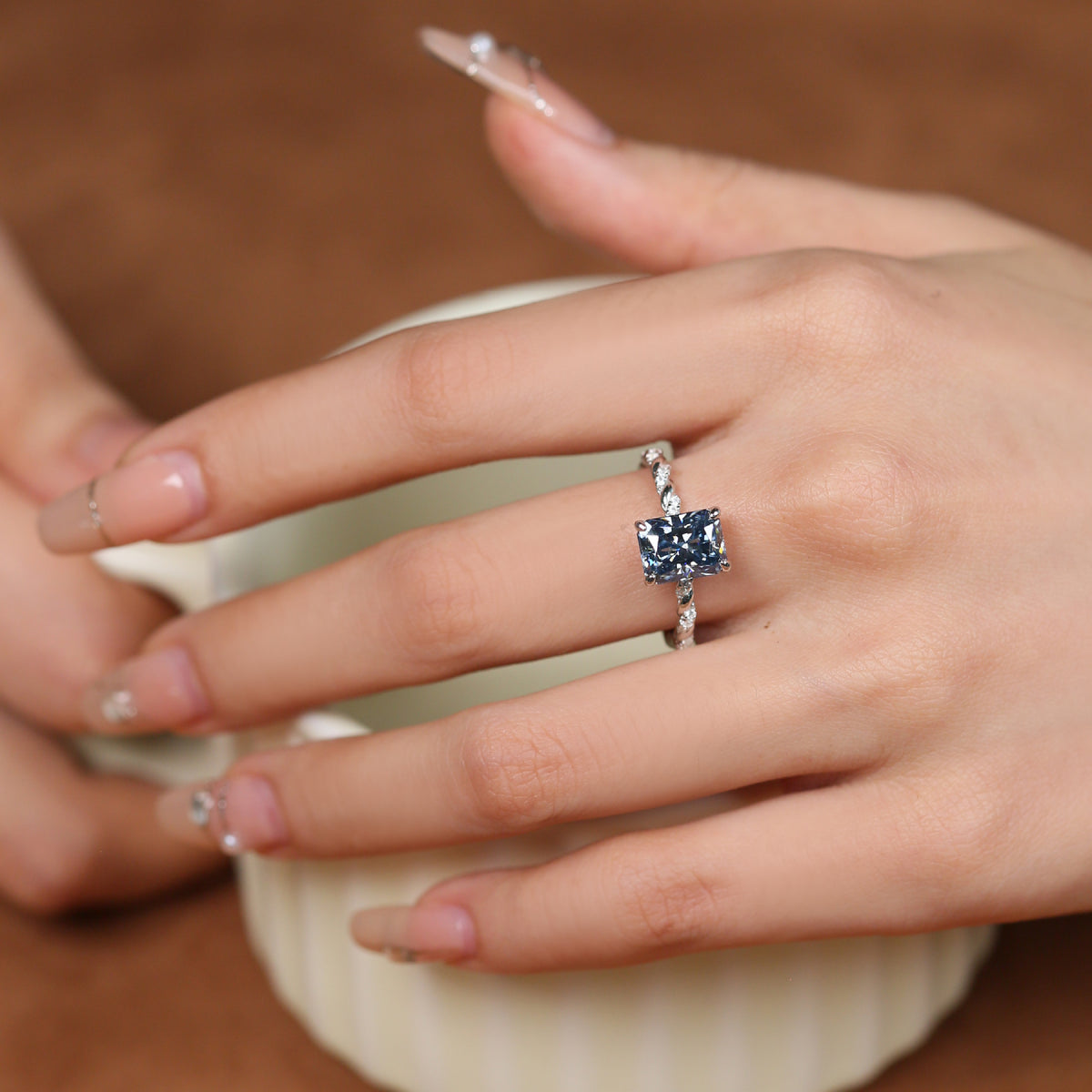 Blue Moissanite Ring, 3 Carat Radiant Cut, S925 Sterling Silver Twisted Band product image