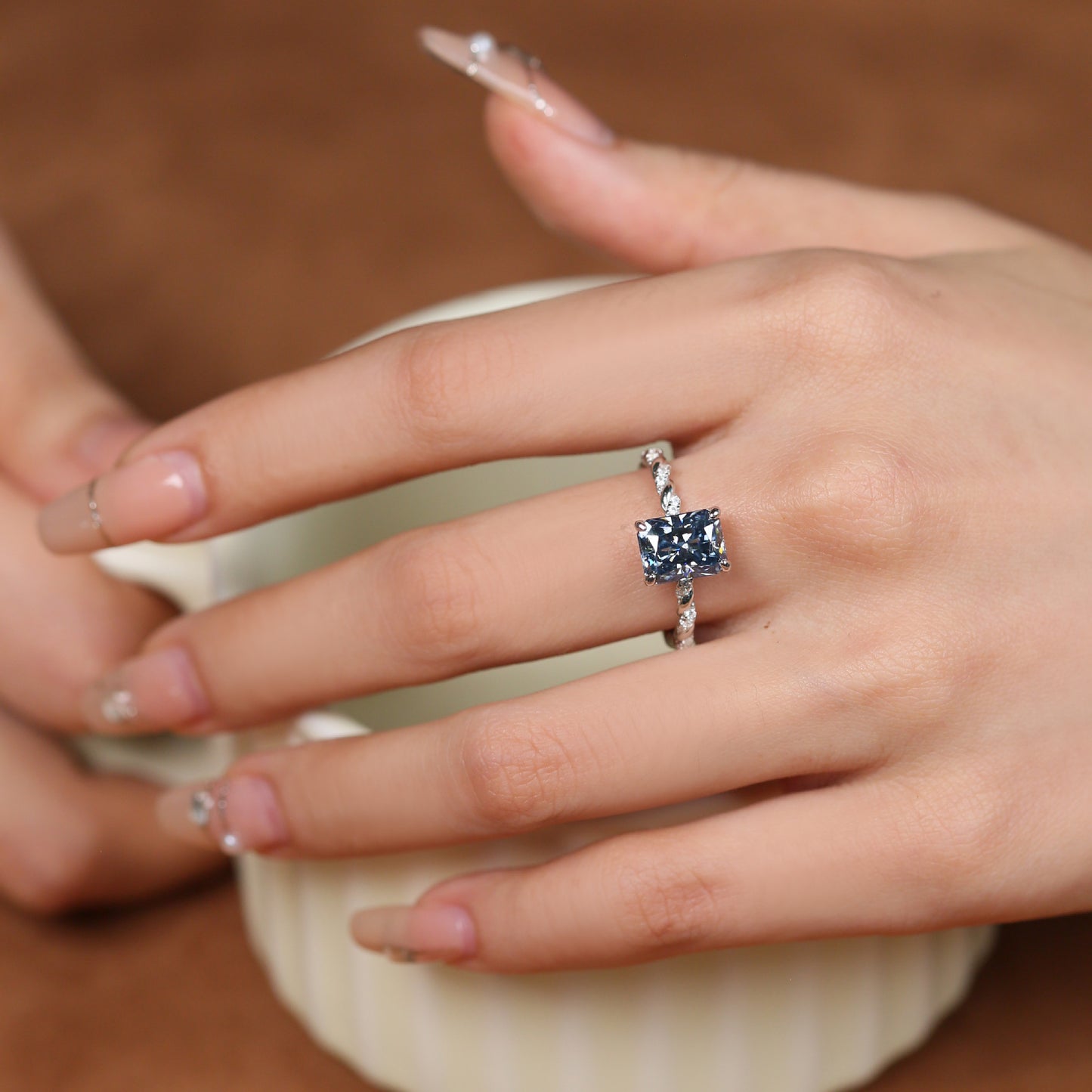 Blue Moissanite Ring, 3 Carat Radiant Cut, S925 Sterling Silver Twisted Band product image