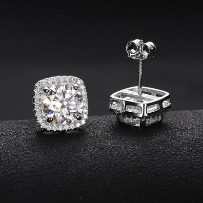 925 Silver Moissanite Square Stud Earrings for Women and Men, Geometric Iced Out Hip Hop Earrings