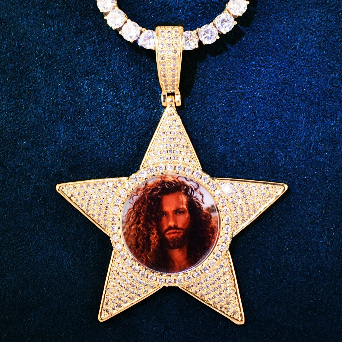 Unisex Iced Star Photo Pendant Necklace