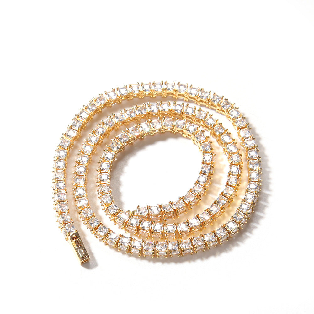Unisex Triple-Sided Cubic Zirconia Tennis Chain Necklace in Gold Plated or Silver Plated Copper, 16 Inch & 18 Inch Statement Pendant Chain product image