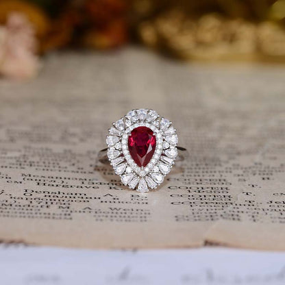 Lab-Created Ruby Halo Ring, Pear-Shaped 18K Gold Plated S925 Silver
