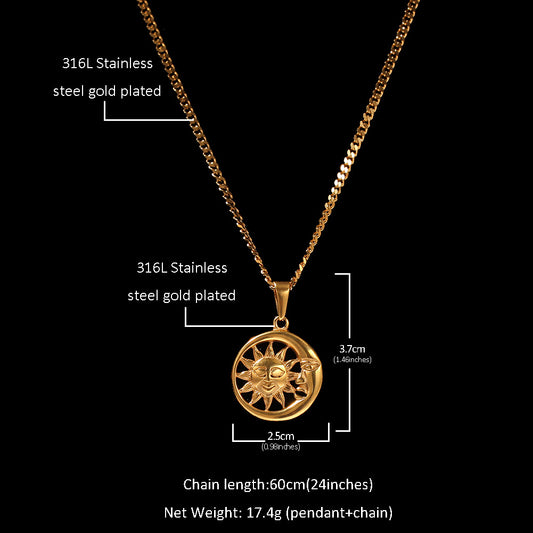 Golden Sun Moon Pendant Necklace for Women - Stainless Steel Celestial Charm Chain Necklace, Vintage Statement Jewelry Gift 2026