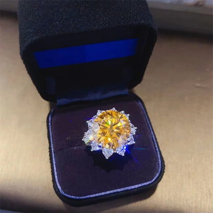 Yellow Moissanite Halo Ring for Women, Geometric U-Shape Statement Ring, Available in 3 Carat and 10 Carat, Sizes 9-19