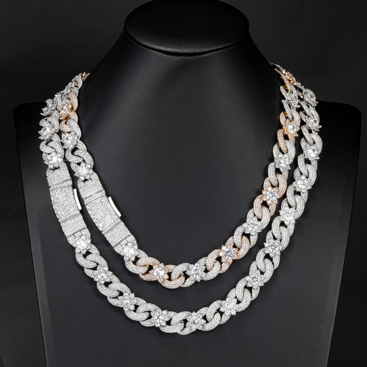 Iced Out Floral Cuban Link Chain Necklace, Two-Tone Hip Hop Style product image