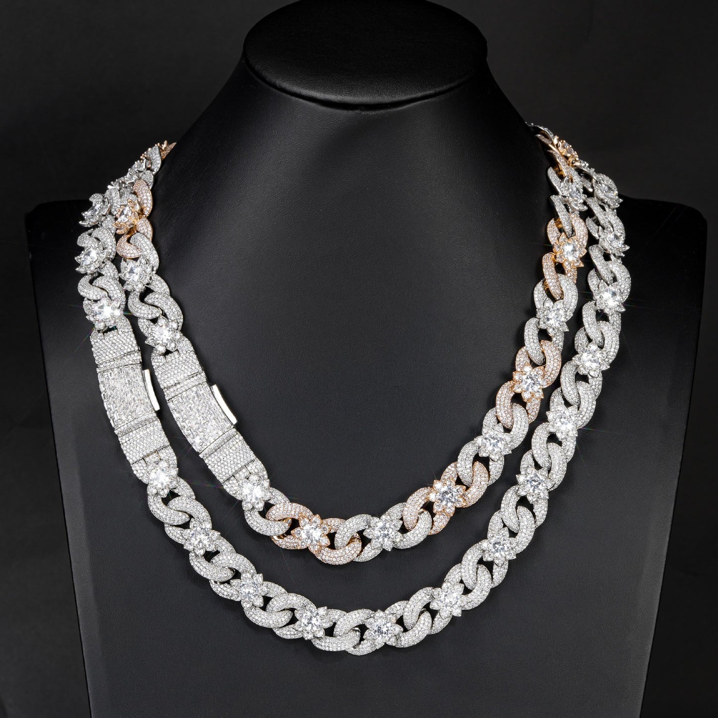 Iced Out Floral Cuban Link Chain Necklace, Two-Tone Hip Hop Style