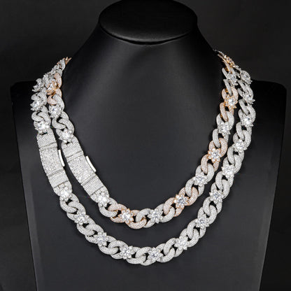 Iced Out Floral Cuban Link Chain Necklace, Two-Tone Hip Hop Style