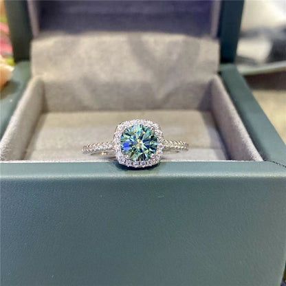 Green Moissanite Halo Ring for Women, Cushion Cut Solitaire Engagement Ring, Promise Ring, Available in 0.5 to 5 Carat Looks