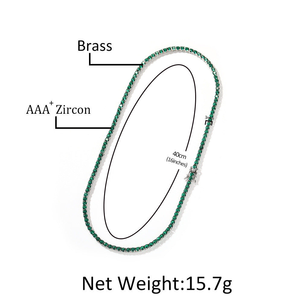 Green Cubic Zirconia Tennis Necklace in Silver Tone, Minimalist Statement Chain for Women & Men