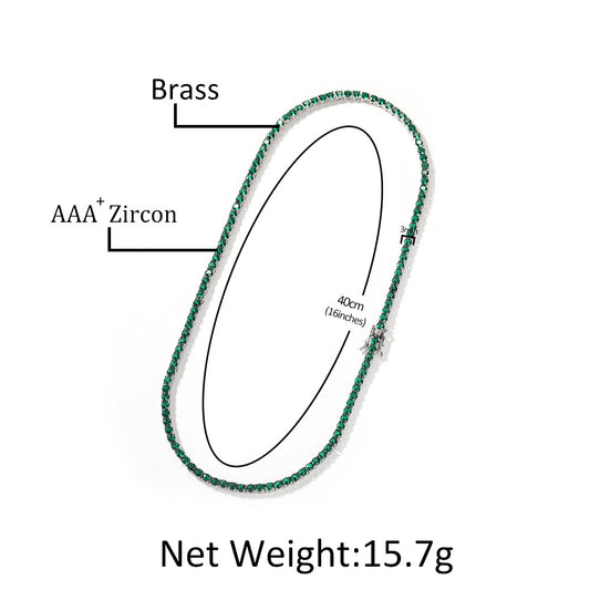 Green Cubic Zirconia Tennis Necklace in Silver Tone, Minimalist Statement Chain for Women & Men