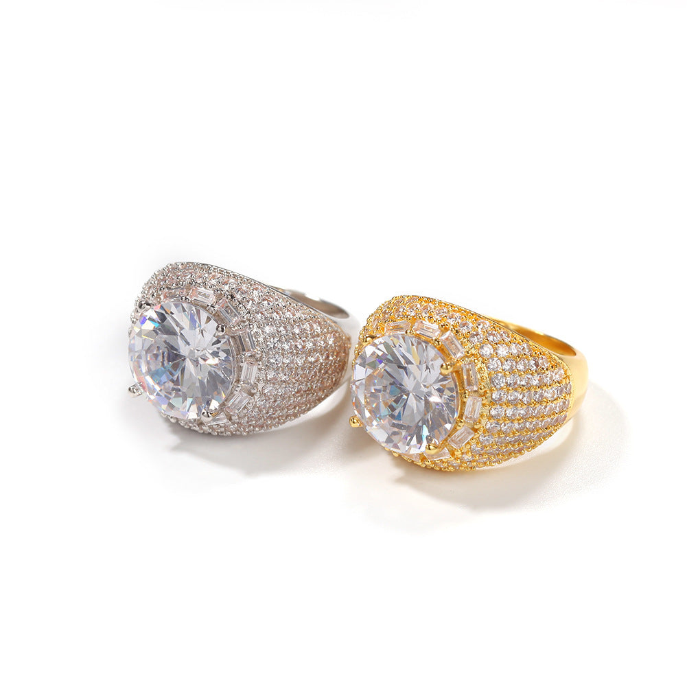 Unisex Gold Plated Cubic Zirconia Statement Ring - Round Halo Hip Hop Style Band