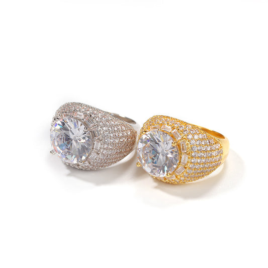 Unisex Gold Plated Cubic Zirconia Statement Ring - Round Halo Hip Hop Style Band