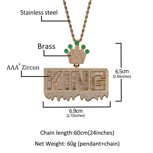 Iced Out KING Letter Pendant Necklace for Men and Women with Cubic Zirconia, Gold Plated Copper Hip Hop Statement Chain, 24 Inch Rope Twist Chain