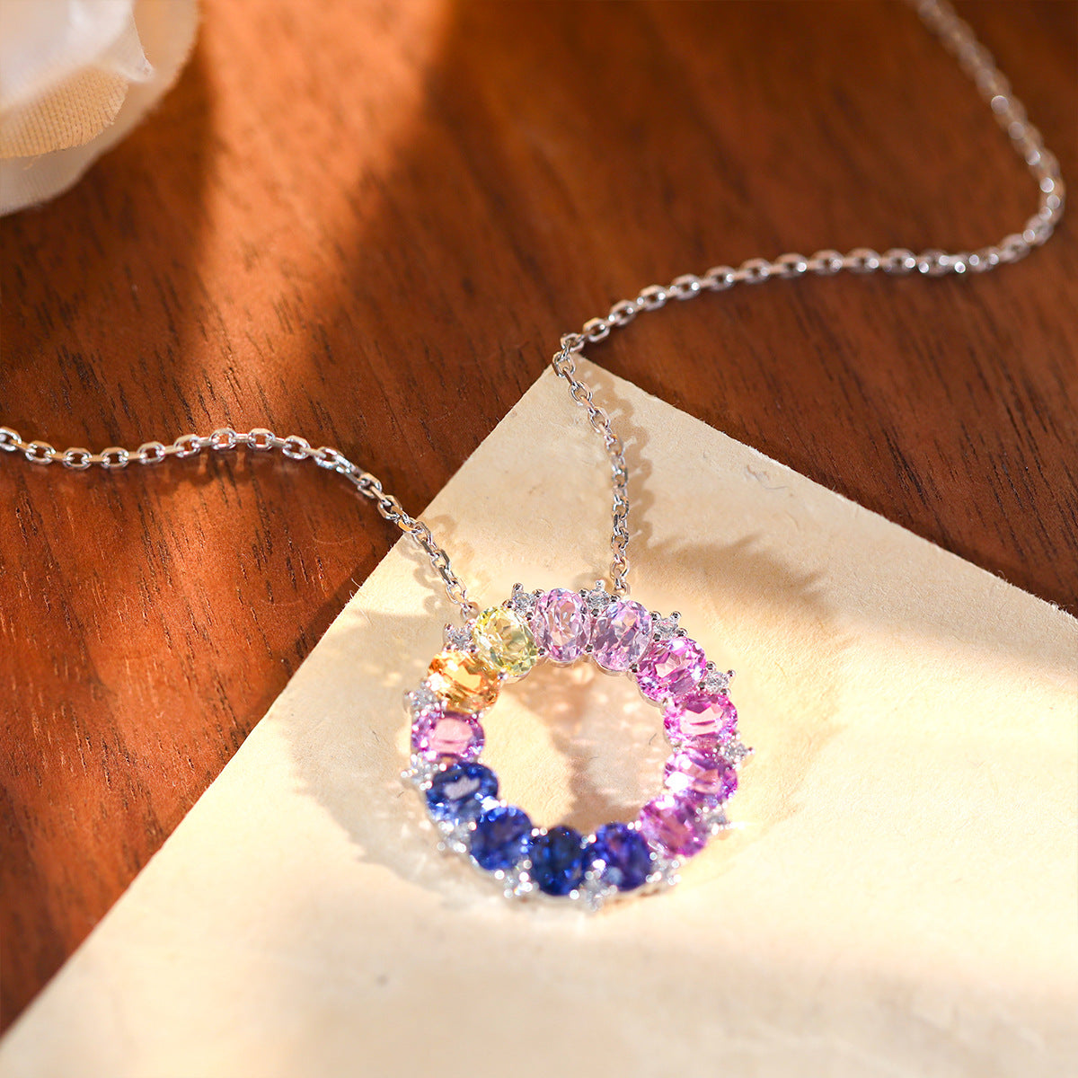 Rainbow Circle Pendant Necklace, S925 Silver Colored Stone Halo for Women product image
