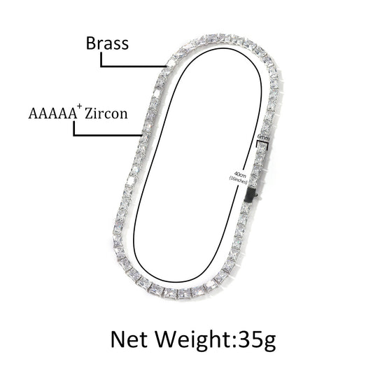 Unisex Rectangular Cubic Zirconia Tennis Chain Necklace in Gold or Silver Plated Copper