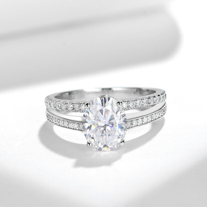 Oval Moissanite Double Band Engagement Ring, 2 Carat S925 Sterling Silver with 18K Gold Plating