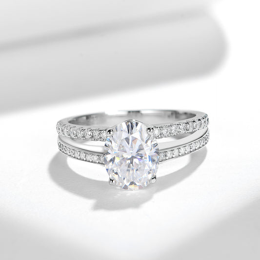 Oval Moissanite Double Band Engagement Ring, 2 Carat S925 Sterling Silver with 18K Gold Plating alternate product image