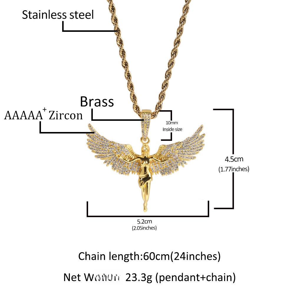 Iced Wing Angel Pendant Necklace with Twisted Rope Chain for Women and Men