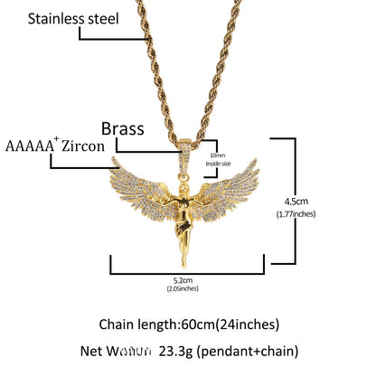 Iced Wing Angel Pendant Necklace with Twisted Rope Chain for Women and Men