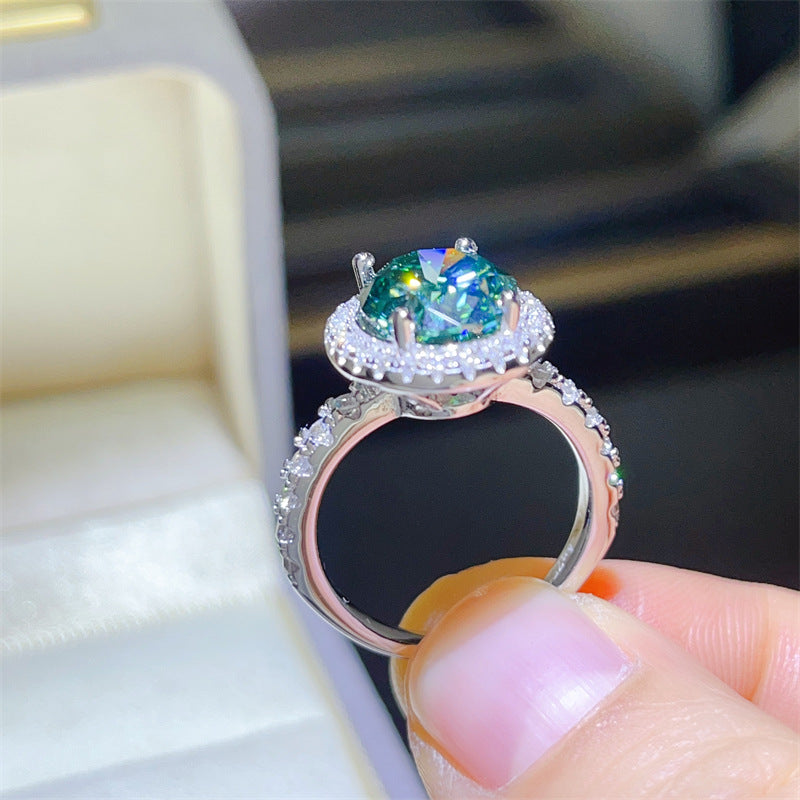 Green Moissanite Halo Ring for Women, Oval Cut Micro Pave Engagement Ring, 1CT 2CT 3CT 5CT product image