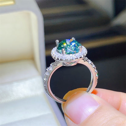 Green Moissanite Halo Ring for Women, Oval Cut Micro Pave Engagement Ring, 1CT 2CT 3CT 5CT