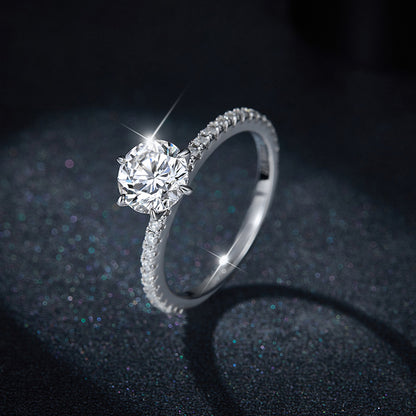 925 Silver Moissanite Ring, 6.5mm Round Six-Prong Solitaire Engagement Ring for Women