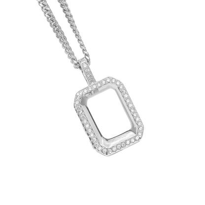 Iced Out Rectangle Pendant Necklace with 24 Inch Cuban Chain for Women and Men