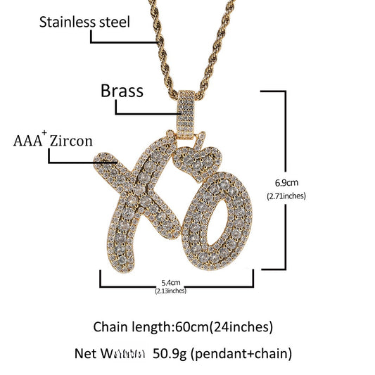 Iced XO Letter Pendant Necklace for Women - Cubic Zirconia Hip Hop Twist Chain in Gold or Silver