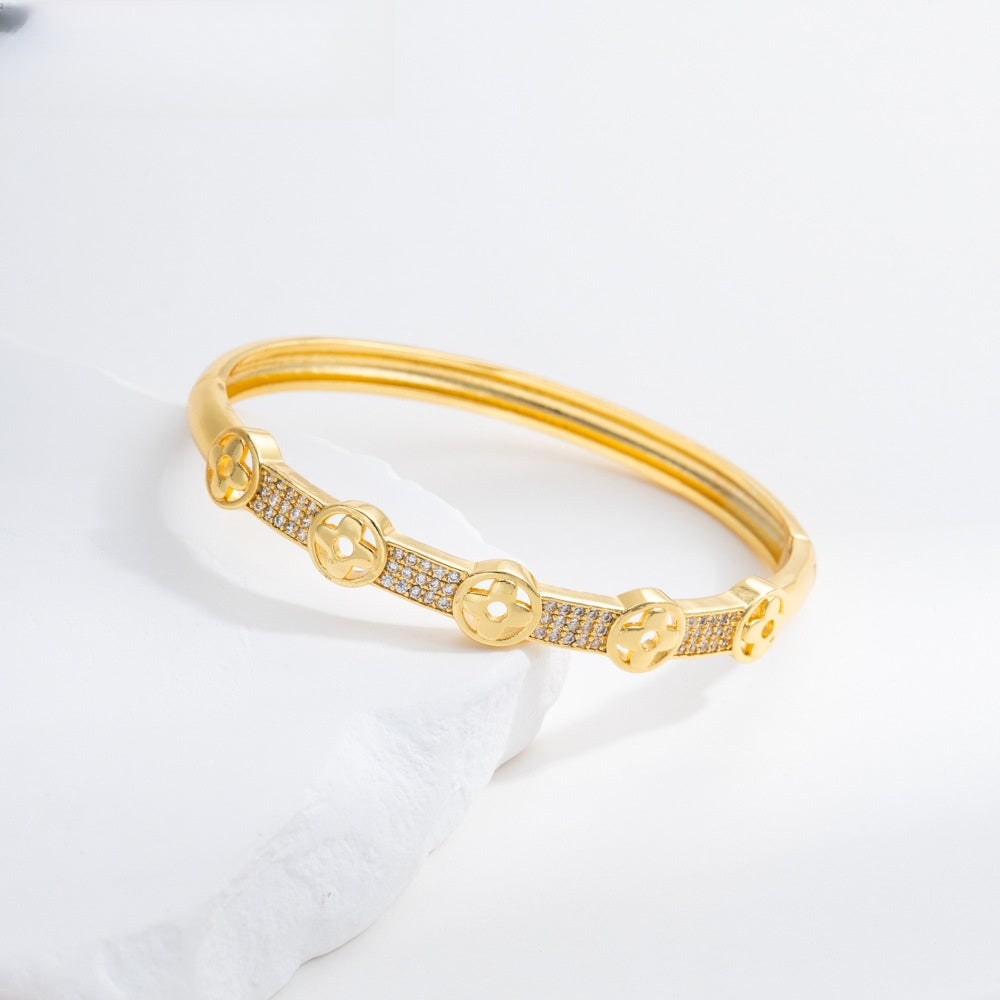 Elegant Gold Plated Letter Bangle Bracelet for Women with Crystal Accents