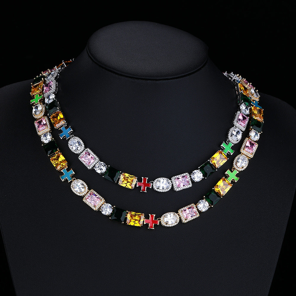 Colorful Cross Pendant Chain Necklace and Bracelet, 10mm Geometric Cubic Zirconia Jewelry Set product image