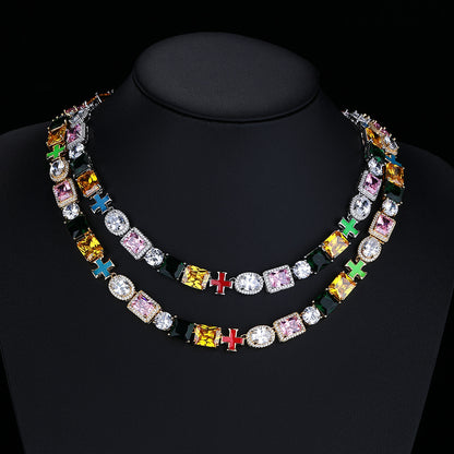 Colorful Cross Pendant Chain Necklace and Bracelet, 10mm Geometric Cubic Zirconia Jewelry Set