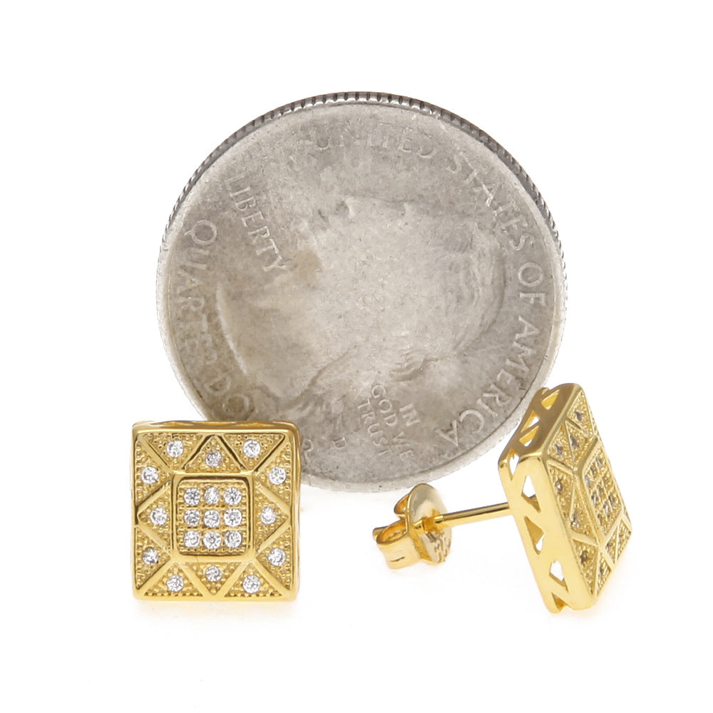 Men’s Square Stud Earrings in Gold & Silver Tone with Crystal Detail – Geometric Statement Earrings