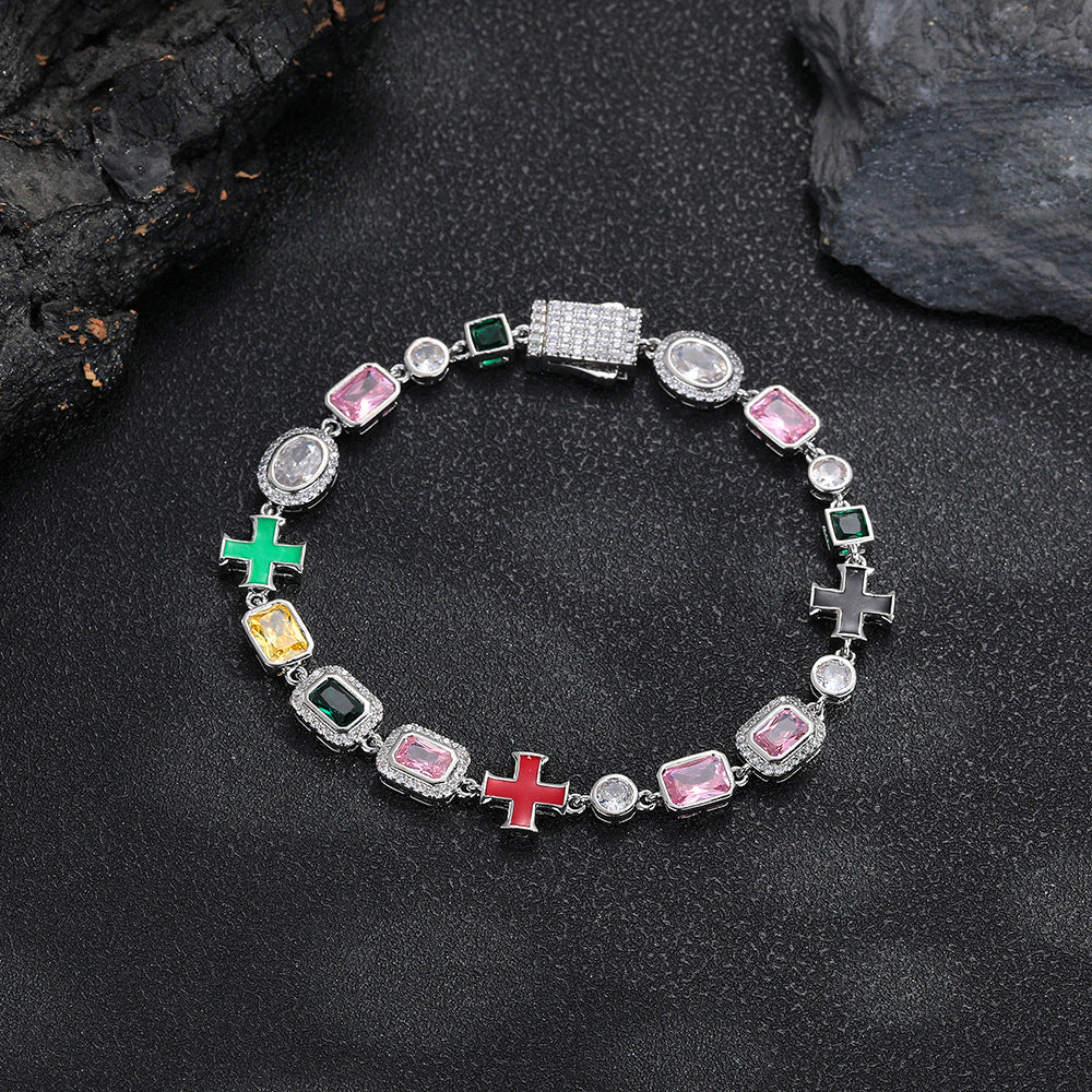 Colorful Cross Charm Link Bracelet, Geometric Gemstone Hip Hop Style product image