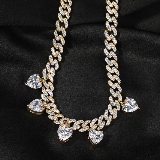 Unisex Heart Charm Cuban Link Necklace with Cubic Zirconia Pendant Chain in Gold, Silver & Rose Gold
