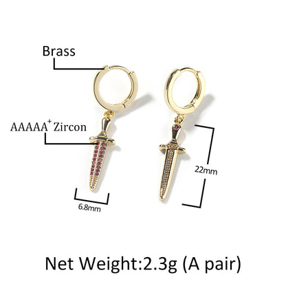 Unisex Hip Hop Dagger Hoop Earrings with Cubic Zirconia Accents in Gold and Silver Tone