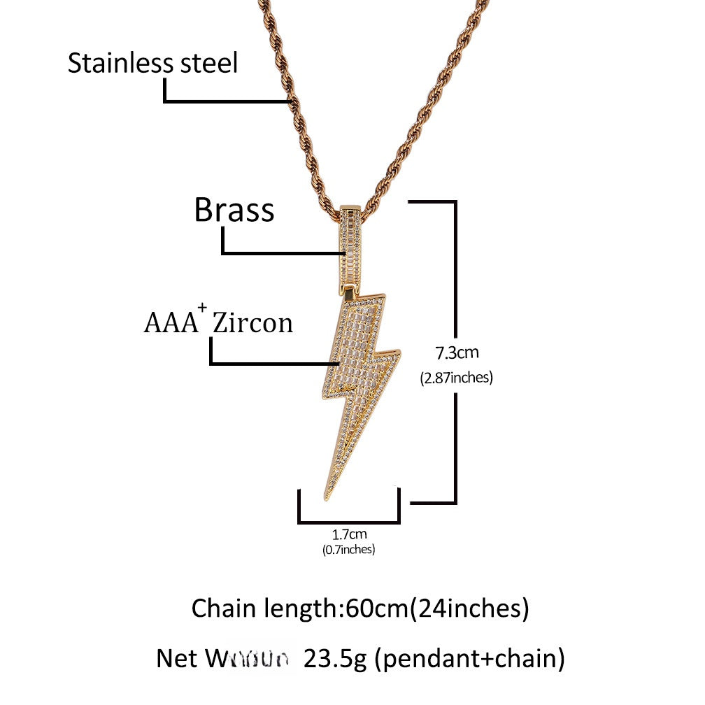 Iced Lightning Bolt Pendant Necklace with Cuban Twist Chain for Women and Men