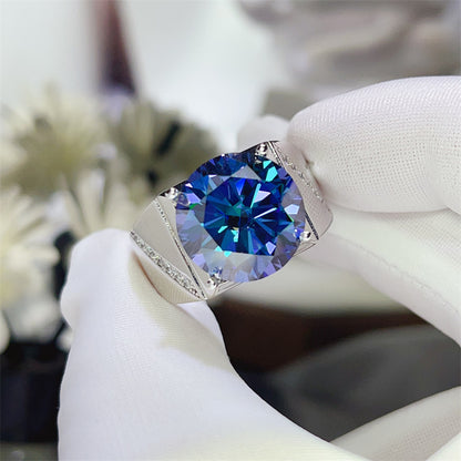 Men’s Blue Moissanite Ring Oversized Round Statement Ring with Side Accents