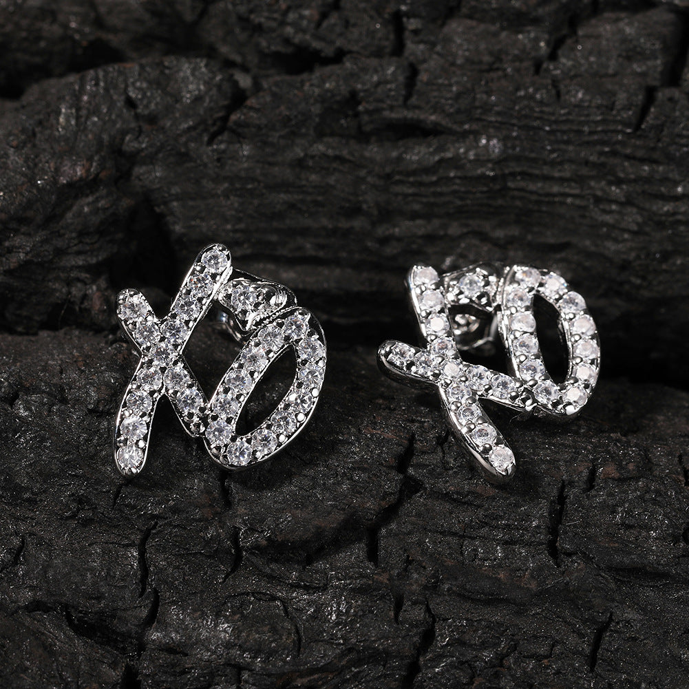 Cubic Zirconia XO Letter Stud Earrings for Women & Men, Gold or Silver Tone Copper Hip Hop Statement Earrings