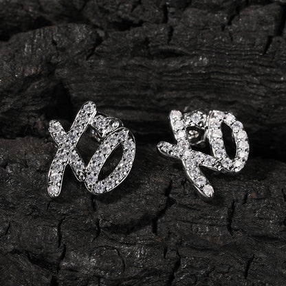 Cubic Zirconia XO Letter Stud Earrings for Women & Men, Gold or Silver Tone Copper Hip Hop Statement Earrings
