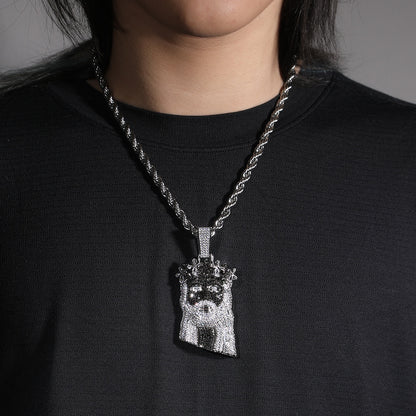 Silver Black Crown Portrait Pendant Necklace with Cubic Zirconia Twisted Chain Statement Jewelry