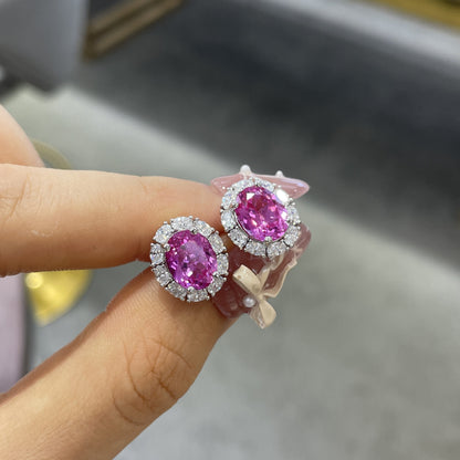 925 Silver Oval Pink Sapphire Halo Stud Earrings