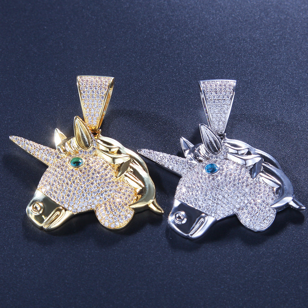 Iced Unicorn Head Pendant Necklace for Women – Cubic Zirconia Statement Chain in Gold Plated or Silver Plated Finish
