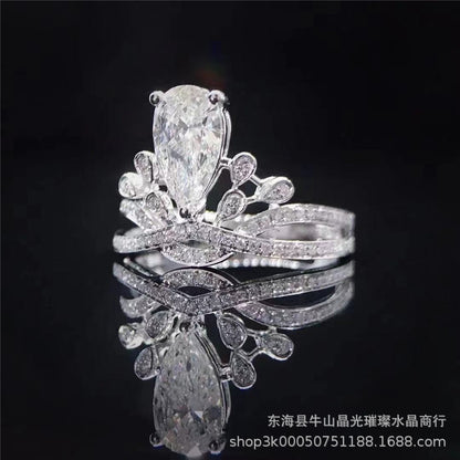 Pear Cut Moissanite Crown Ring for Women, Halo Engagement Ring, 1 Carat or 2 Carat
