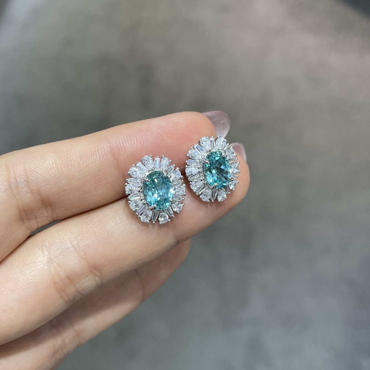 1.5 Carat Lab Grown Paraiba Stud Earrings, Oval Teal Blue Green Halo Earrings product image