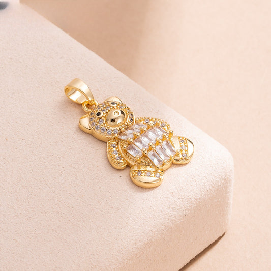 Gold Plated Teddy Bear Pendant Necklace with Heart Crystal Charm for Women