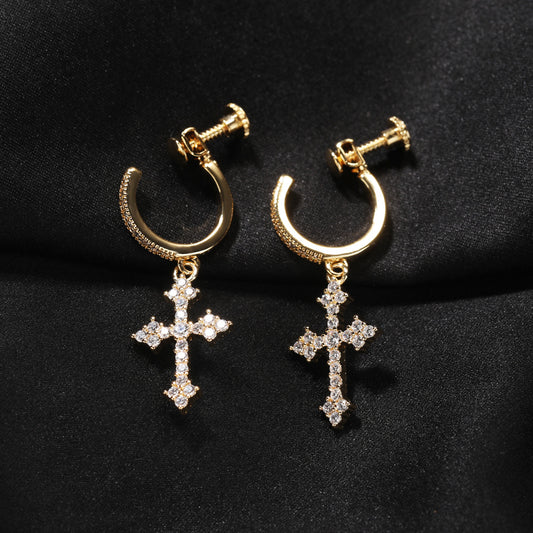 Men’s Cross Dangle Hoop Earrings with Cubic Zirconia – Gold Plated & Silver Plated Spiral Clip Style